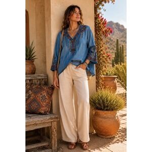 Reba Women's Chambray Denim Top W/Fringed Neck Boho Embroidery AA10